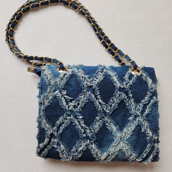 M. Marco MKP Quilted Distressed Denim Jean Handbag Crossbody Gold Chain Y2K 90s - Picture 6 of 12